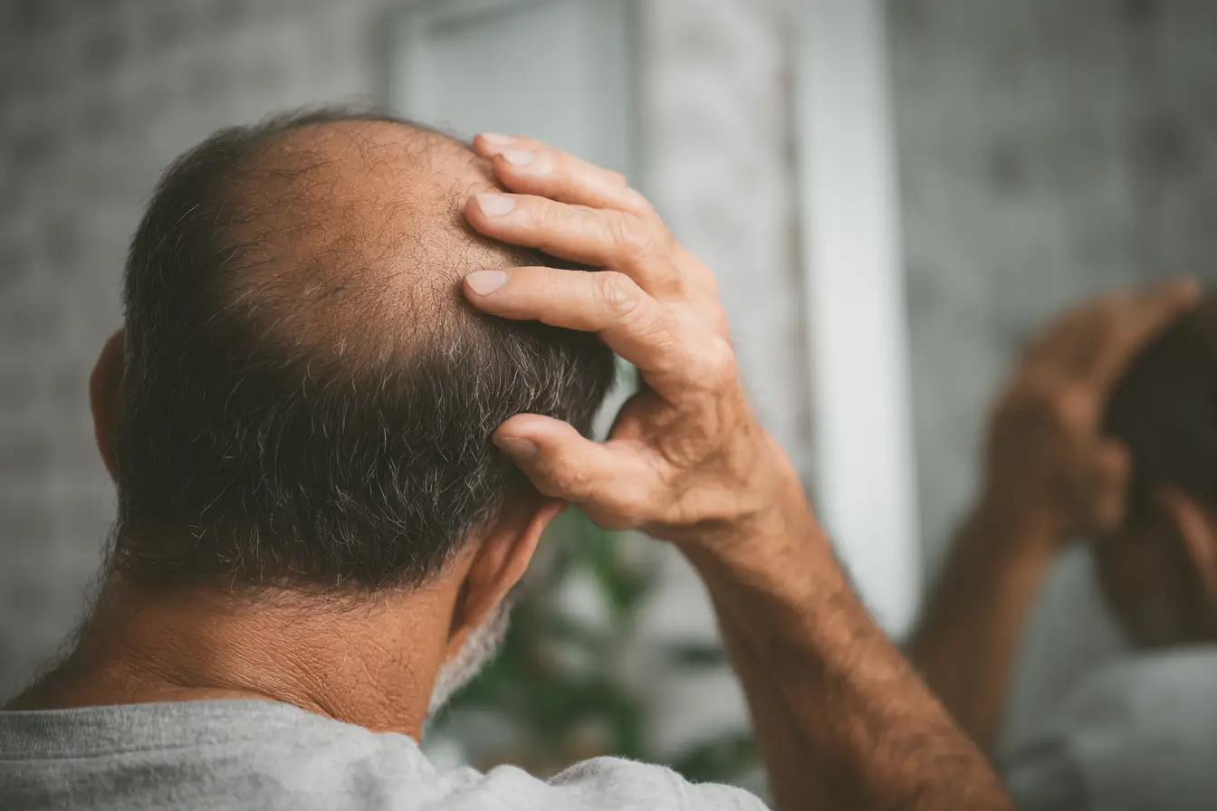 Graphique montrant la relation entre la créatine et la perte de cheveux, avec des illustrations de cheveux et de suppléments.